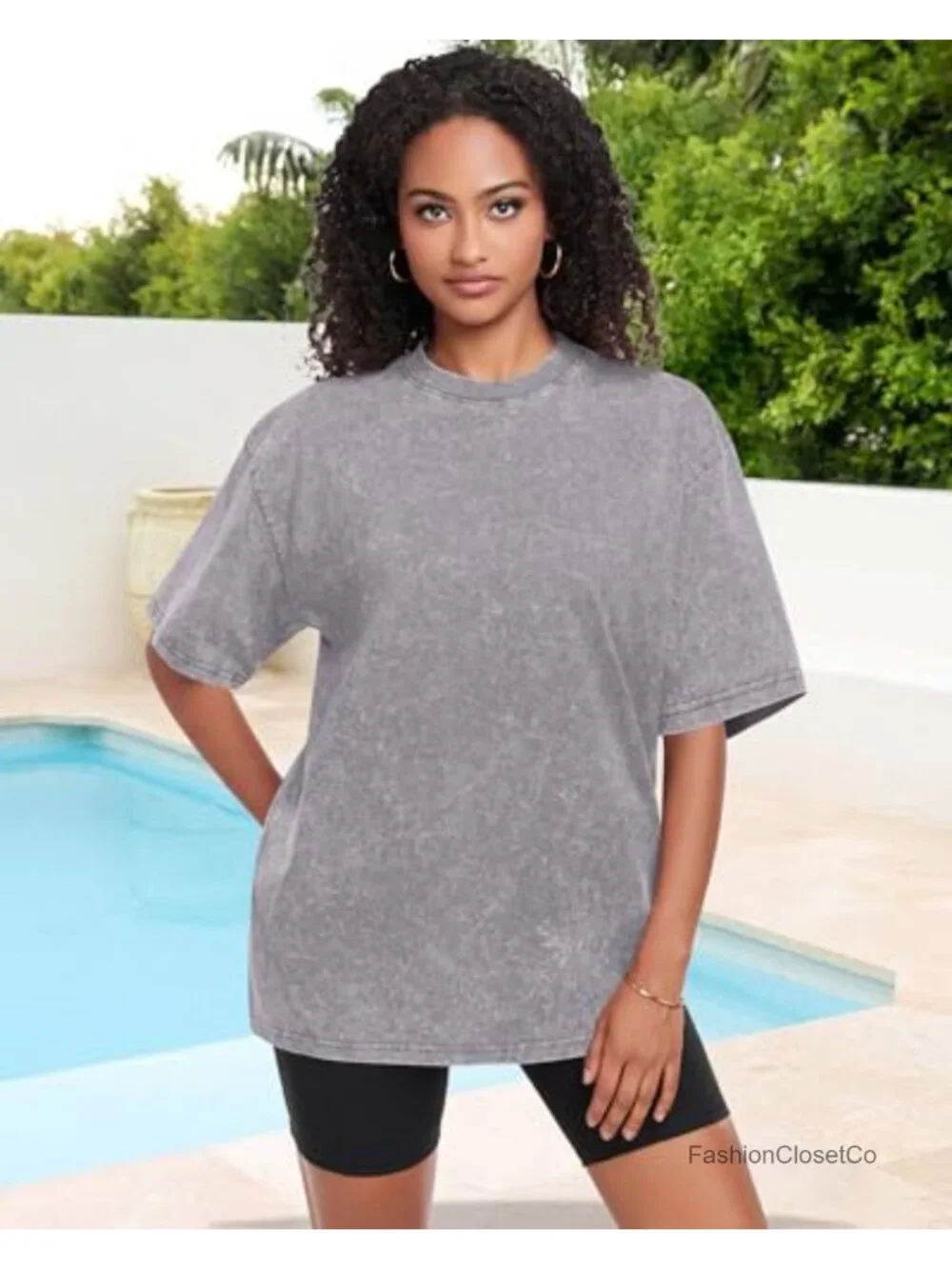 Oversized Women's Vintage Washed Cotton Crewneck Tee - Boxy Fit, Short Sleeve - Picture 2 of 6